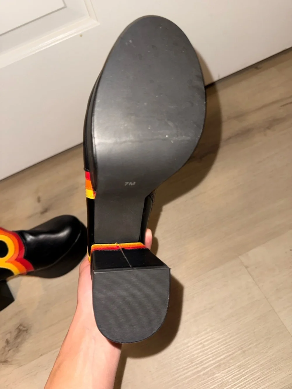 Dolls Kill Black Platform Ankle Boots with Red & Yellow Flame Appliqués